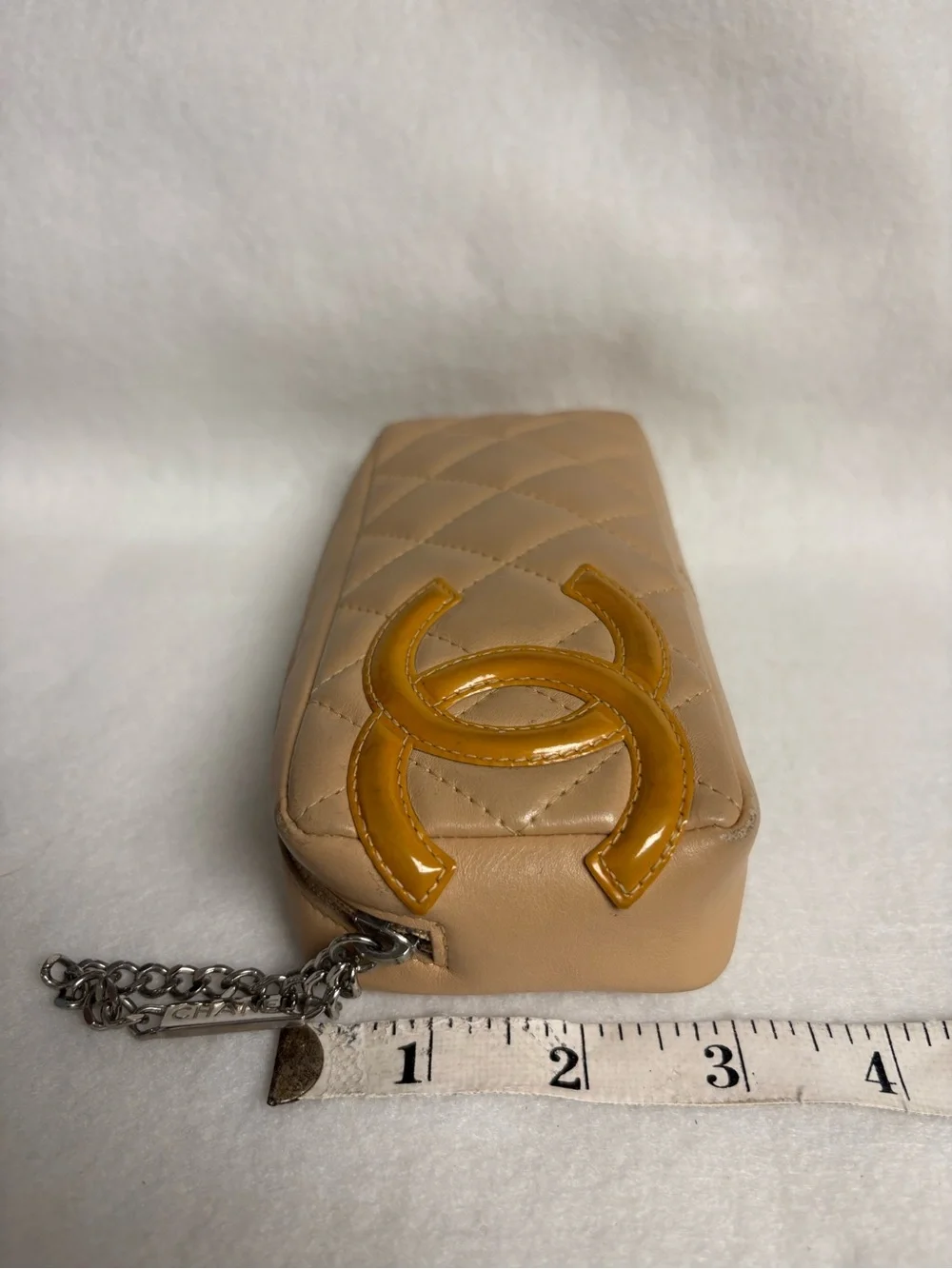CHANEL Beige CAMBON Leather Pencil Case Make Up Pouch Orange Interior